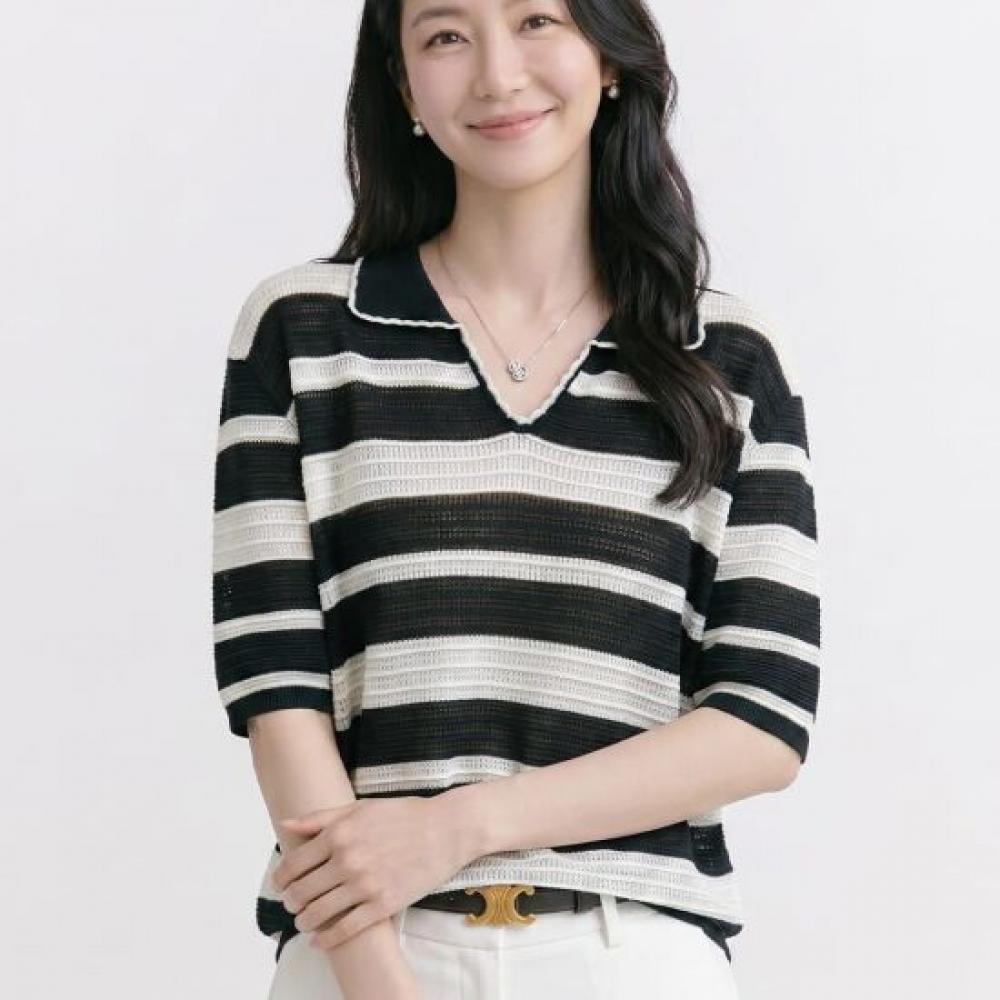 Navava Women Striped Collar Short Sleeve Knit Top Nk3690