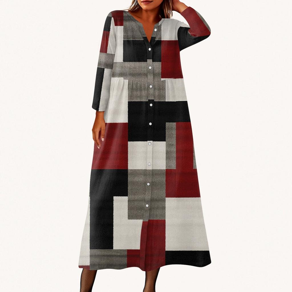 Женское модное платье-рубашка свободного кроя с принтом, круглым вырезом и рукавами семь четвертей на пуговицах