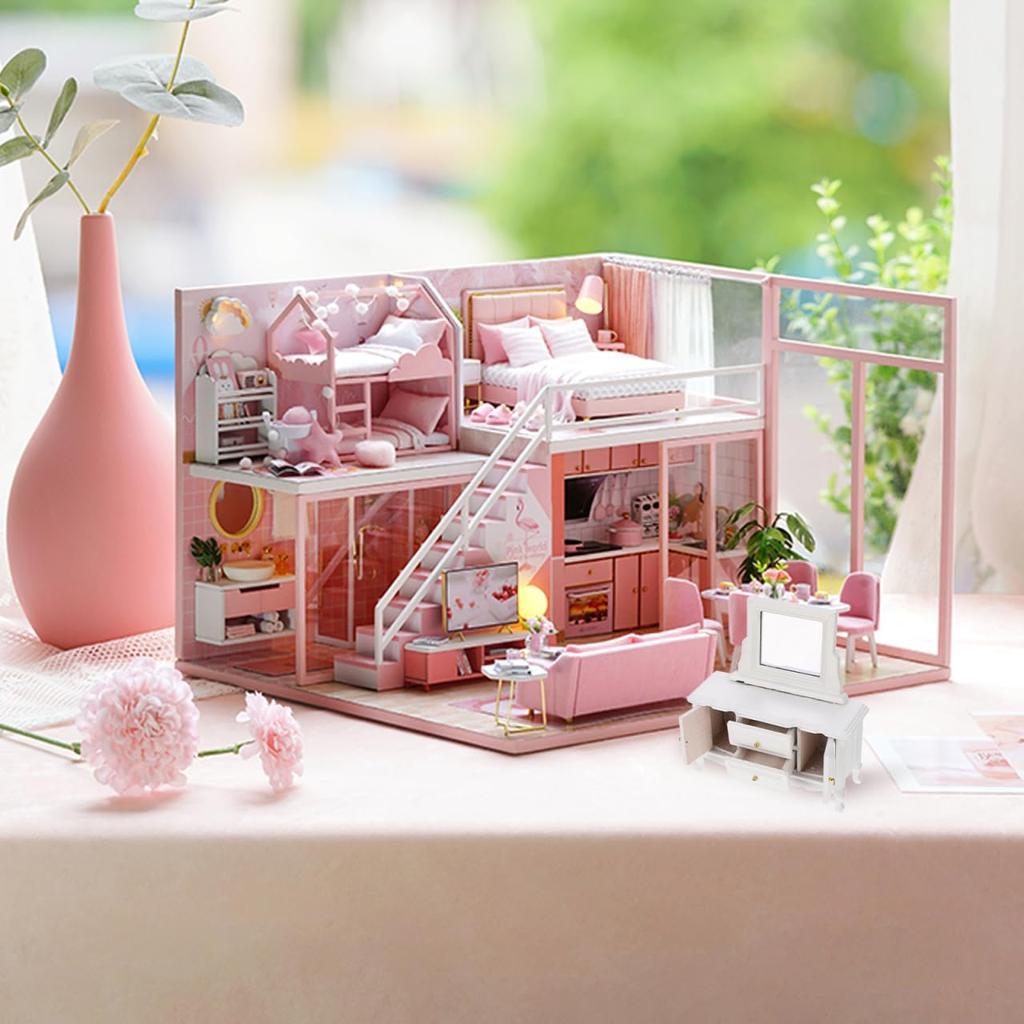 STOBOK Кукольный домик Туалетный столик Миниатюрная мебель Мини-комод с зеркалом Игрушка Ролевая игра Изысканный дизайн Коллекция мебели Дисплей Миниатюра