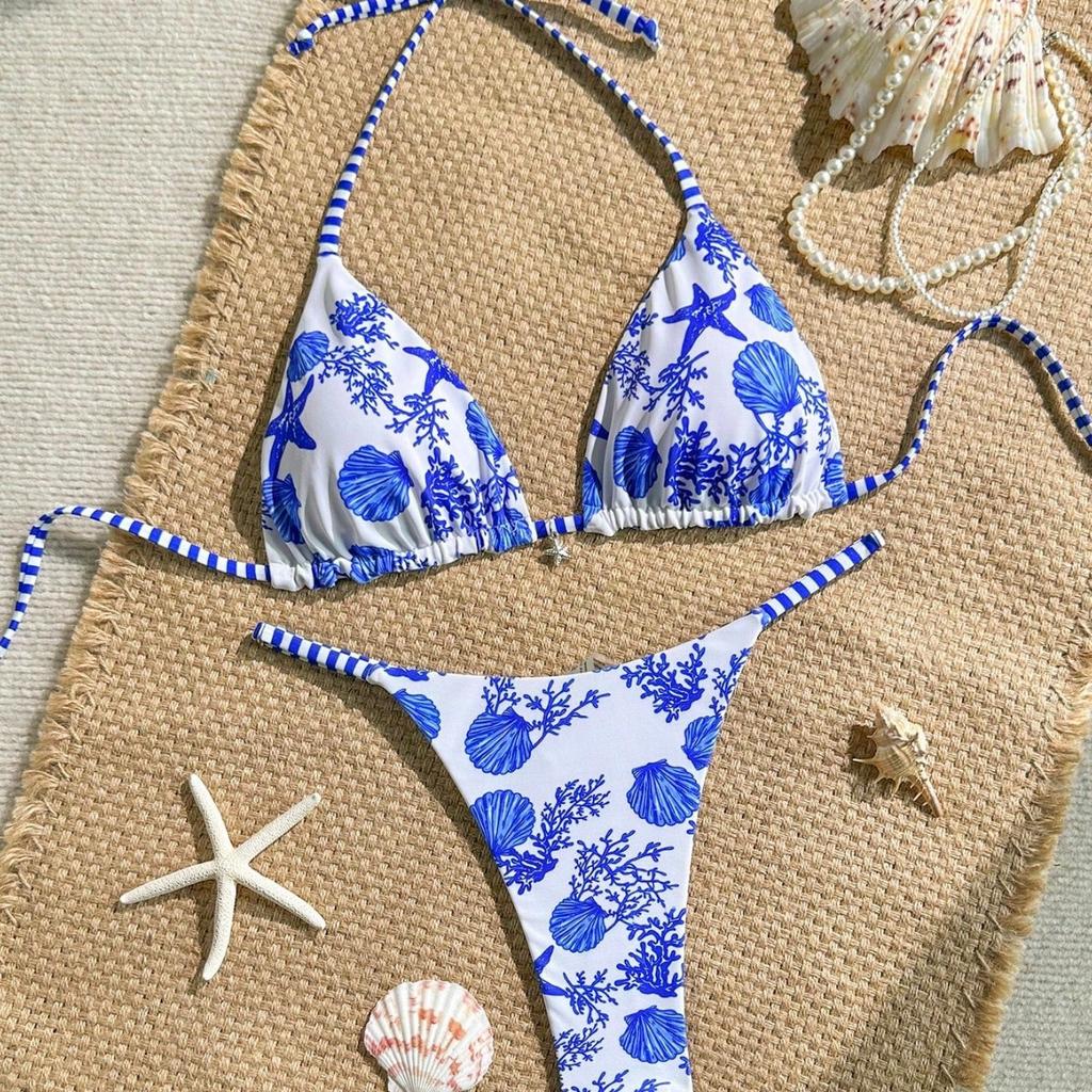 1011 Bestseller Ocean-Style Printed Striped Bikini with Halter Neck Tie and Sexy Split Bikini Can Be Worn Inside and Back