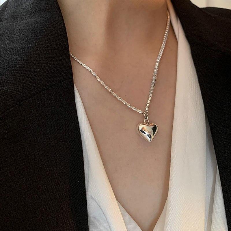 925 Sterling Silver Geometric Love Heart Zircon Chain Necklace Female Party Jewelry