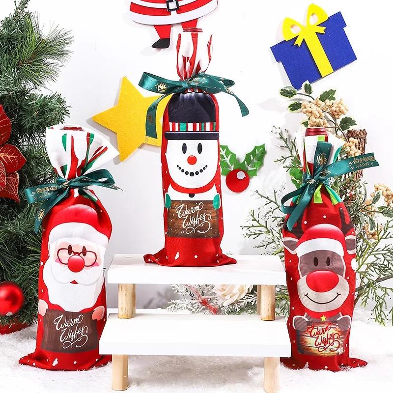 Christmas Wine Bottle Cover Set of 2 Knitted Santa Elk Snowman Cloth Bags for Red Wine Champagne Merry Christmas Happy New Year Decor