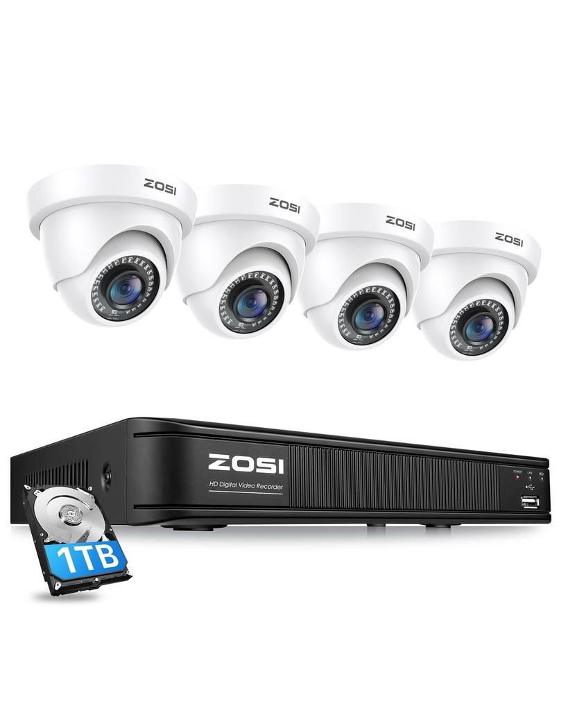 Система охранной камеры ZOSI 1080P с 5-мегапиксельным Lite 8-канальным регистратором, жестким диском 1 ТБ, 2-мегапиксельной купольной камерой безопасности, наружной, 4-х юнитами, обнаружением людей и транспортных средств с помощью искусственного интеллекта
