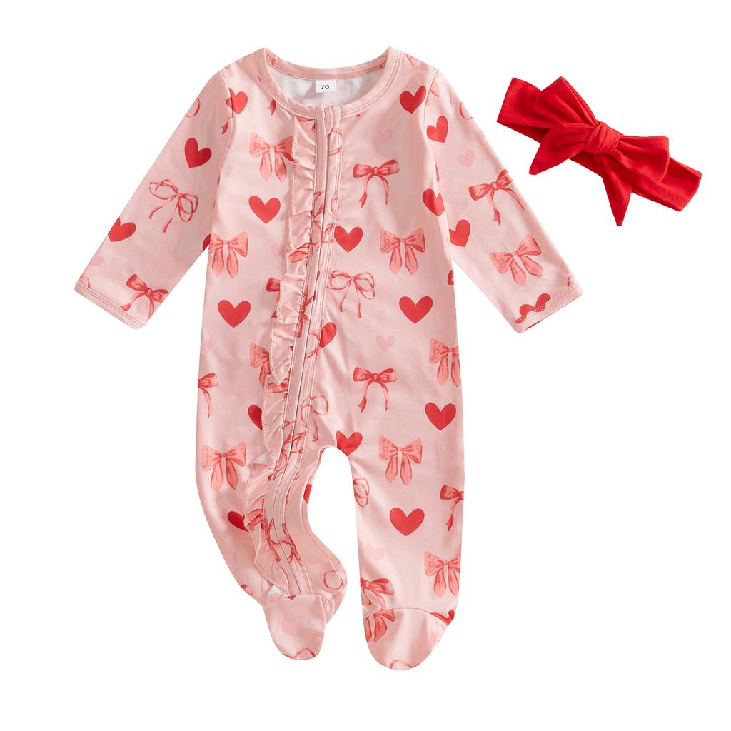 Baby Girl Valentine 's Day Outfits Long Sleeve Heart Bow Print Ruffle Jumpsuit with Headband Set Newborn Clothes