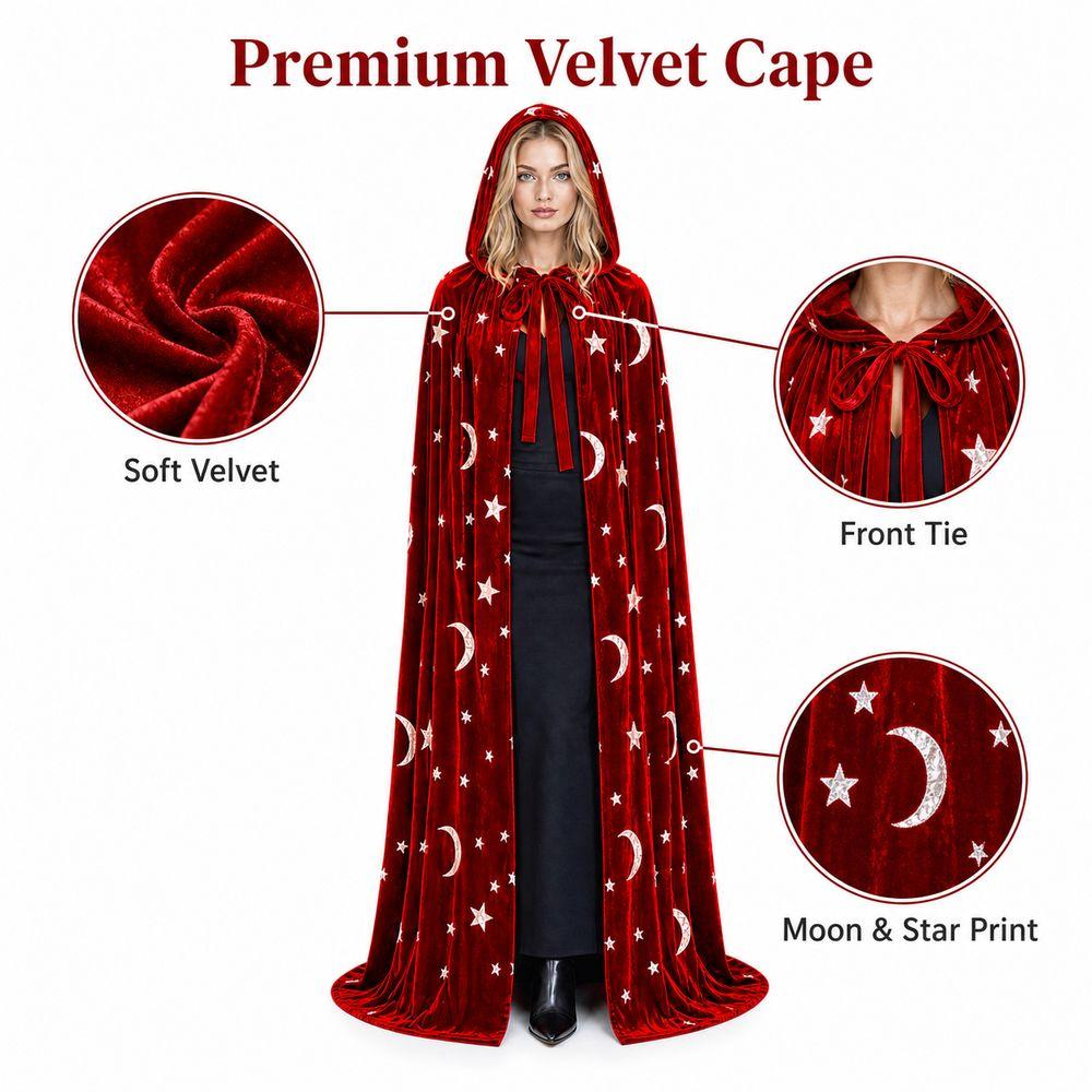 Moon and Star Print Halloween Hooded Cloak with Oversized Hood Cosplay Costume