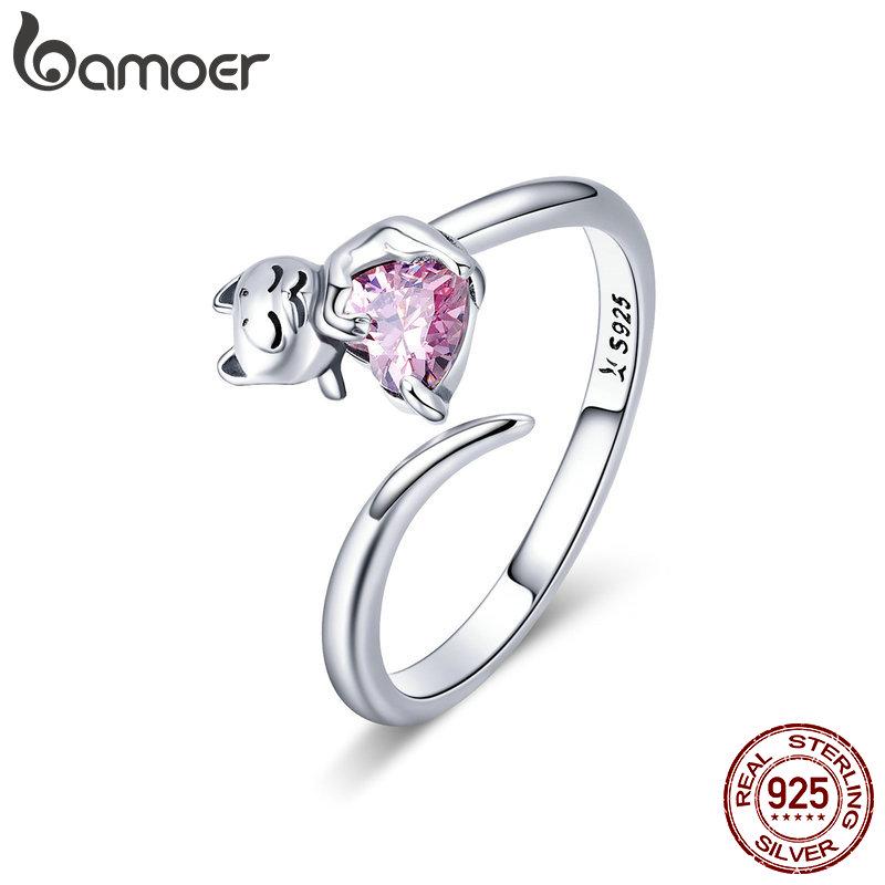 BAMOER Authentic 925 Sterling Silver Adorable Cat Pink CZ Adjustable Finger Rings