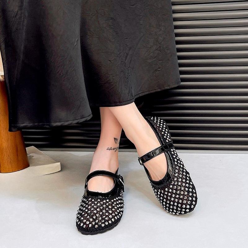 Fashion Cutout Mesh Mary Jane Women's Shoes Summer New Fashion Rhinestone Round Toe Mesh Breathable Strap Flat Single Shoes