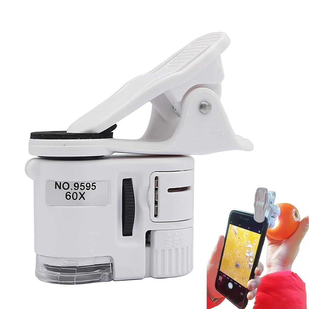 Universal Clip Microscope 61X LED Jewelry Magnifying Glass Cell Phone Clip Focusing Adjusted Pocket Microscope with Clip