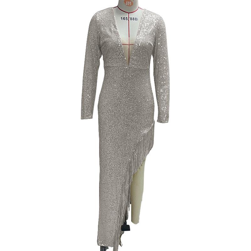 Summer new European and American women's dress, sequined v-neck long-sleeved long dress, sexy asymmetrical dress