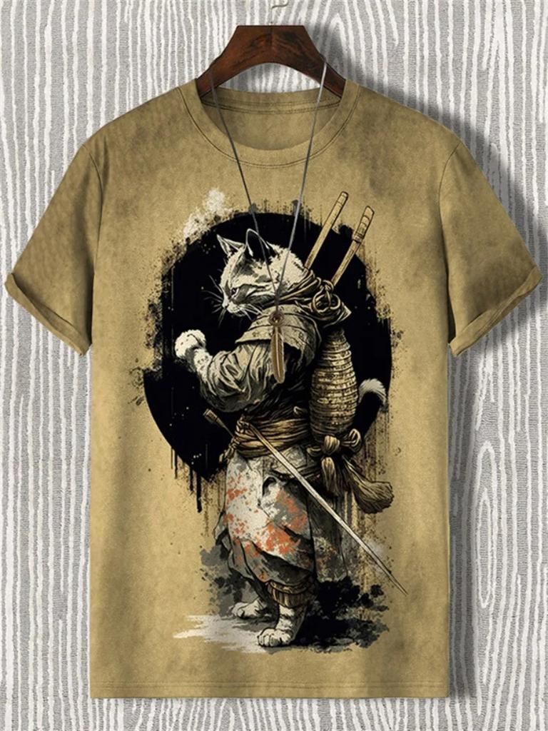 Japanese Cat Pattern T-Shirt For Men Warrior Animal 3D Print Tee Shirts Summer Casual O-Neck Short Sleeve Tees Street Loose Tops