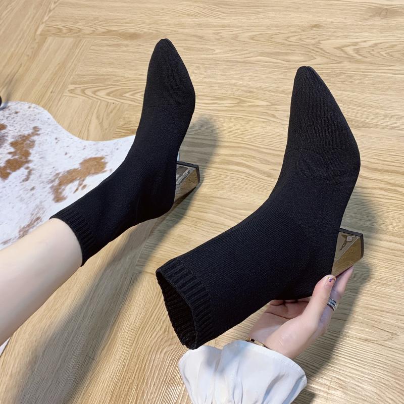 Fashion 2024 Spring and Autumn New Pointed Socks, Thin Boots, Breathable Flying Woven High Heels, Solid Color All-match Women's Boots
