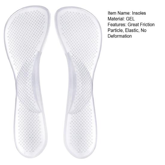 1 пара стельок, противоскользящие, с отличным коэффициентом трения, эластичные, без деформации, прозрачные, дышащие, впитывают пот, нескользящие, подушечки на высоком каблуке