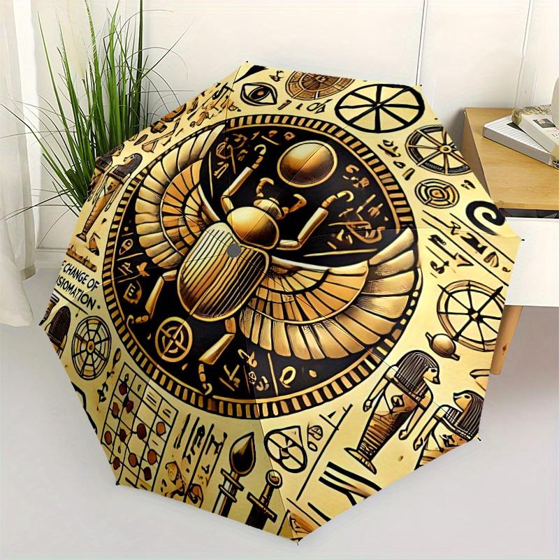 1pc Egyptian Symbols Automatic Open/close, Heavy-Duty Iron Frame & 8-Rib structure, Compact Folding Umbrella for Women/Men, All-Season Travel 9