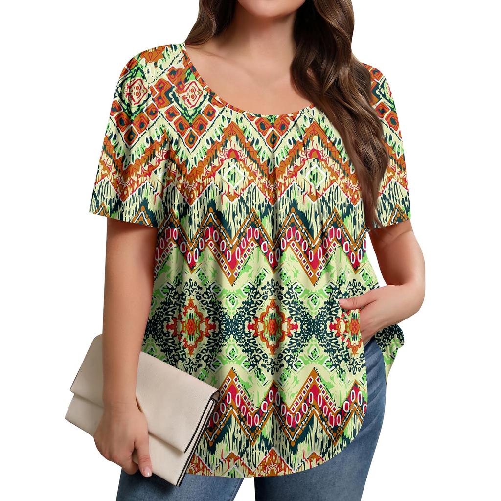 Plus Size Women's Casual Round Neck Pleated Short Sleeve Solid Color Top