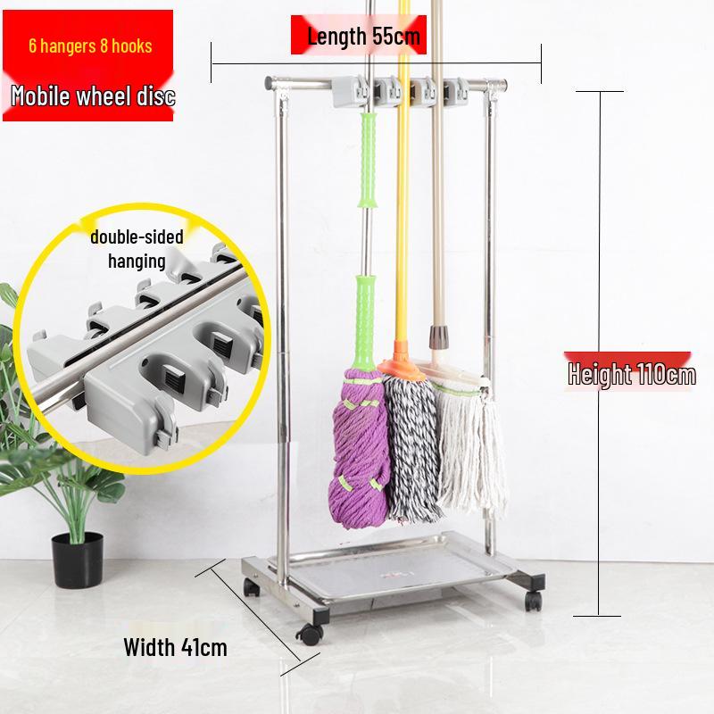 Stainless Steel Floor-standing Mop and Broom Rack with Balcony Storage