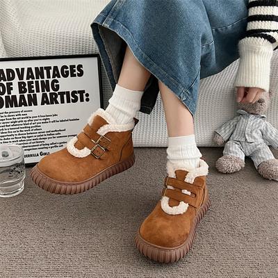 Женские зимние ботинки 2025 новая британская мода на толстой подошве, с густым теплым мехом, цельнокроеные, пушистые хлопковые ботинки