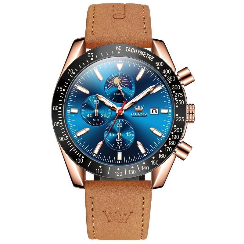 Luxury Quartz Watch for Men Nubuck Leather Strap Waterproof Chronograph Wristwatch New In Moon Phase Man Watch