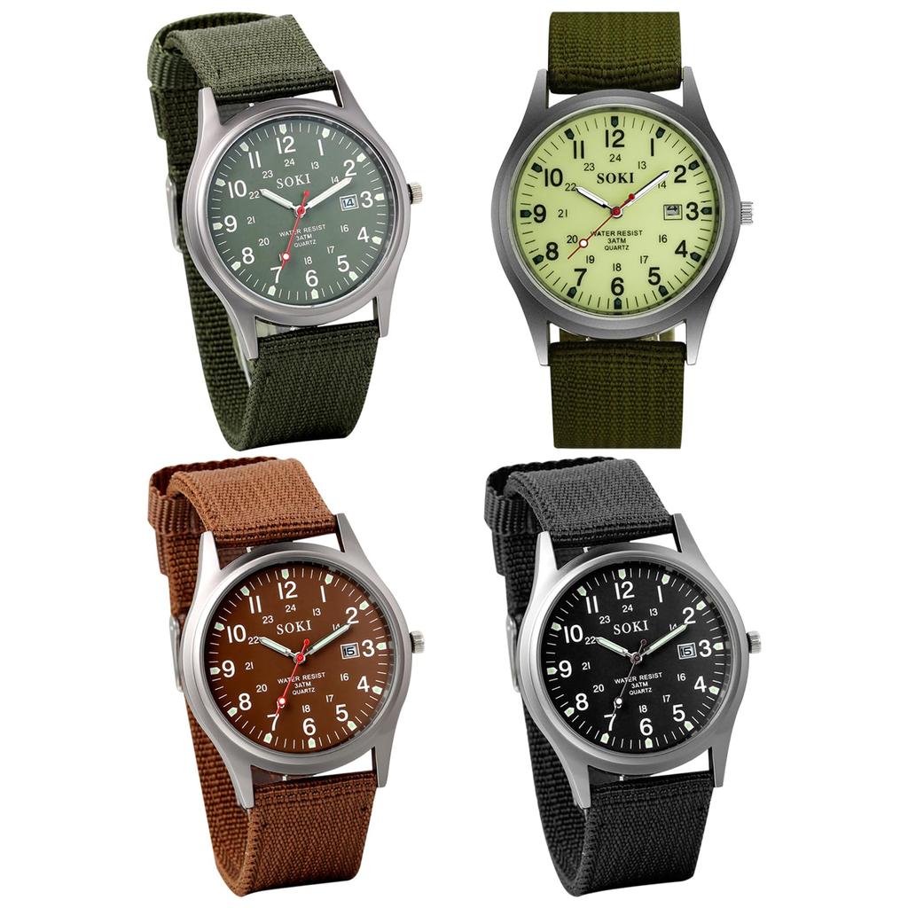 Arabic Imitation Military Luminous Large Nylon Green Men's Wristwatch, Waterproof, Luminous Numerals, Exquisite, Watch, Outdoor, 24-Hour Pointer,