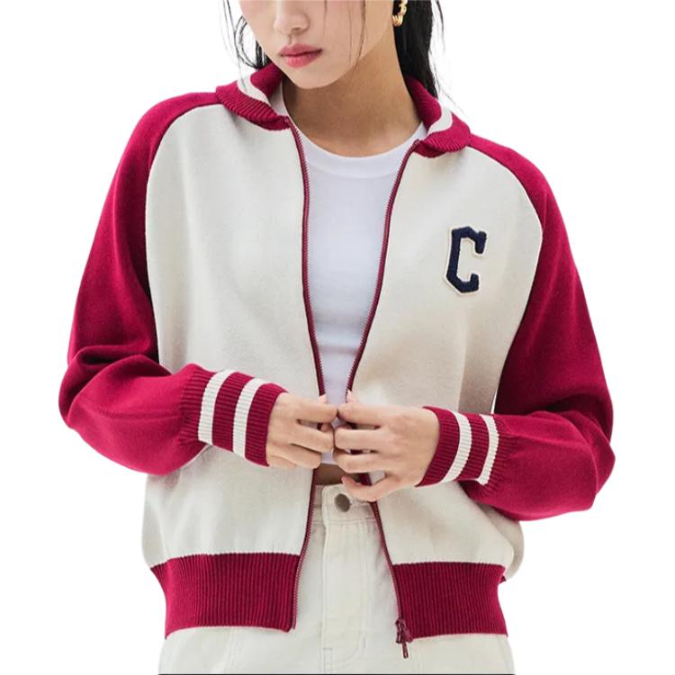 Спортивный кардиган MLB Cleveland Guardians Color Block с принтом букв, воротником-молнией, повседневный, с длинным рукавом, вязаный свитер, женский свитер 3FKCV0134-45WIS