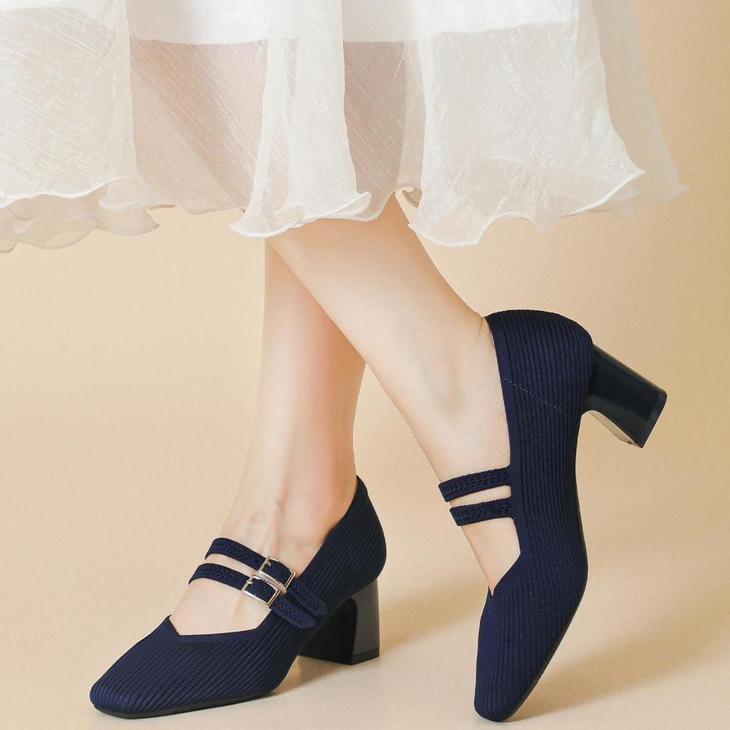 Женские туфли больших размеров на высоком толстом каблуке, простые, повседневные, с квадратным носком, с пряжкой, рабочие туфли, однотонные, 34-43