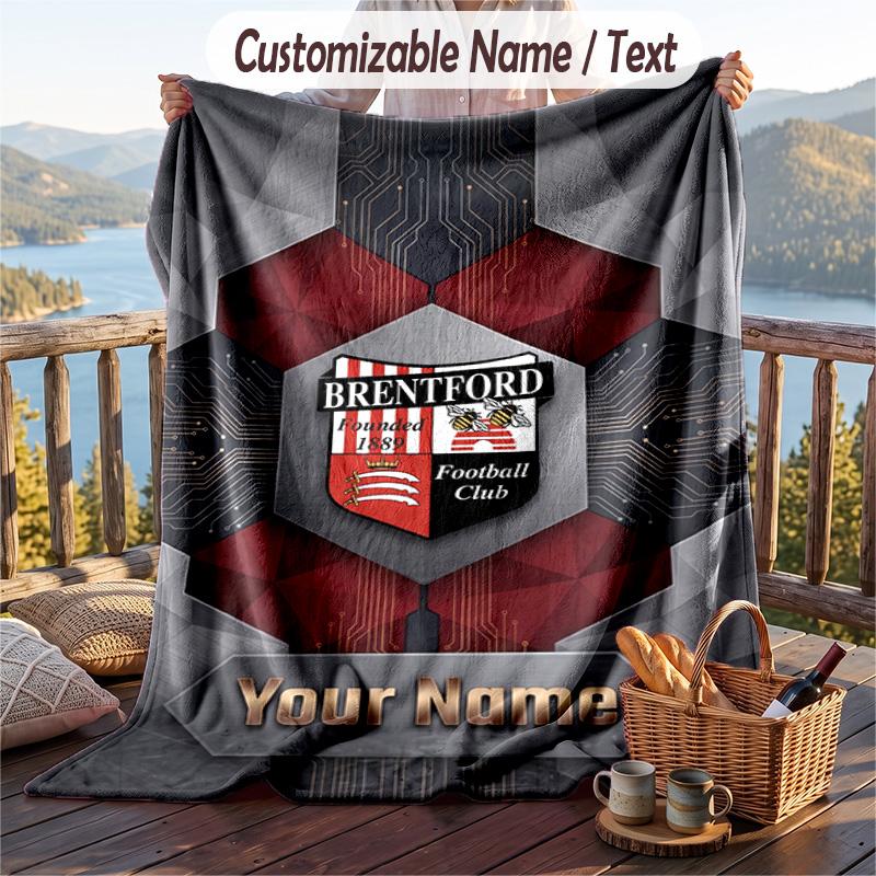 Flannel Blanket Brentford Football Print Custom Name Text Soft Throw for Sofa Bed