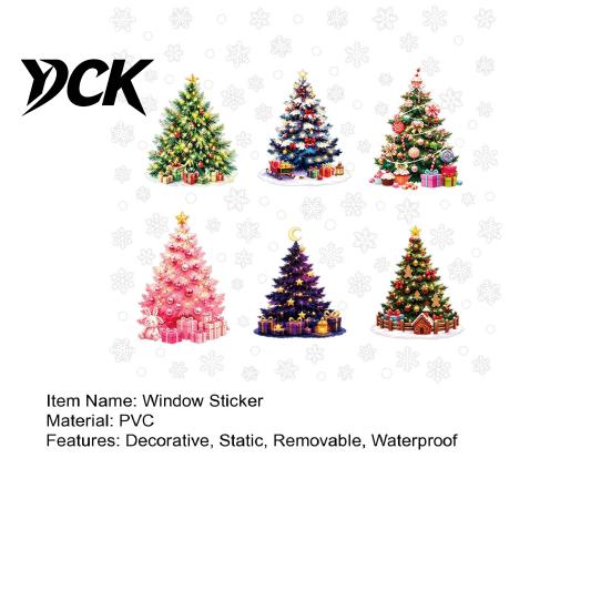 Decorative Glass Stickers for Parties 6Pcs Colorful Christmas Tree Snowflake Static Window Sticker, PVC Cling, Removable Decal Transparent Film