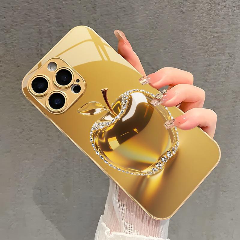 Золотой Алмазный Кристалл Для Apple Печать Металлическая Краска Стеклянный Чехол Для Телефона Для iPhone 17 16 15 14 13 12 Pro Max Plus 17 Air 16E Чехол