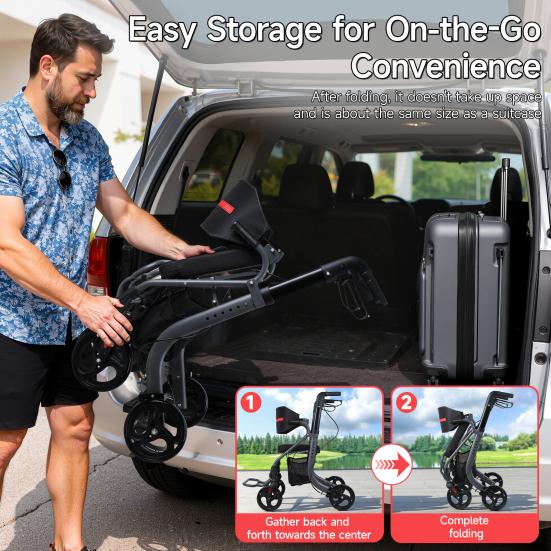 Walkers for Seniors, 8" Big Rubber Wheels All Road Rollator Walker with Seat, Foldable Height Adjustable Rolling Walker, Lightweight Aluminum Alloy
