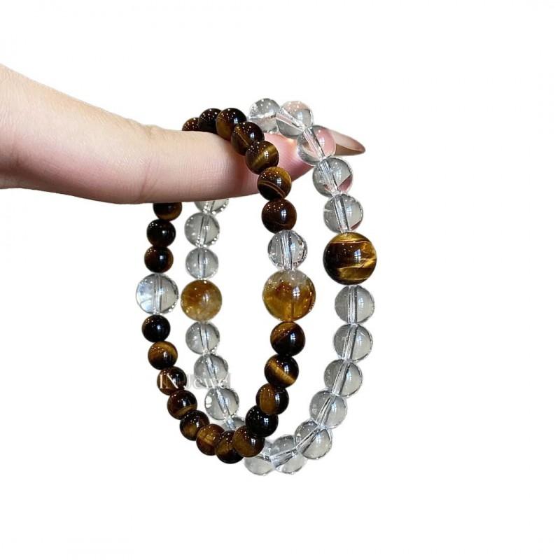 Sun Moon Gold Plated Natural Yellow Tiger Eye White Crystal Bracelet Fall New Chinese Vintage Maillard Style Women