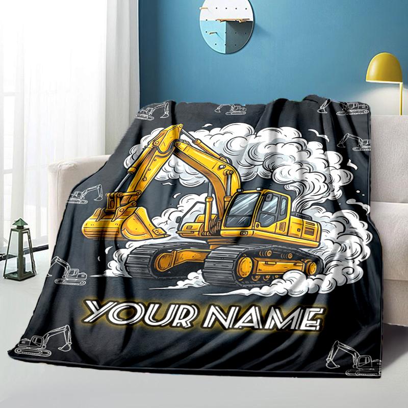 1PC Custom Name Excavator Dreams flannel blanket versatile,all-season throw suitable for the living room,bedroom,camping,travel,and gift