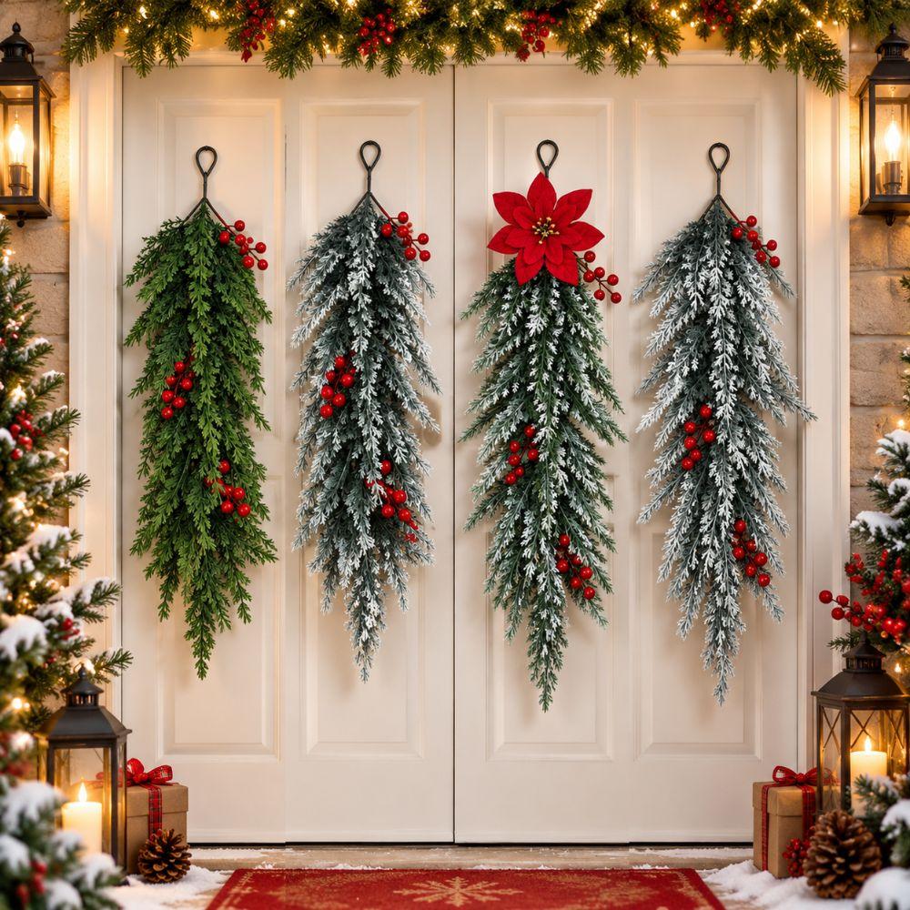 Flexible Branch Christmas Artificial Cedar Needle Red Berry Poinsettia Decor Mantel Display