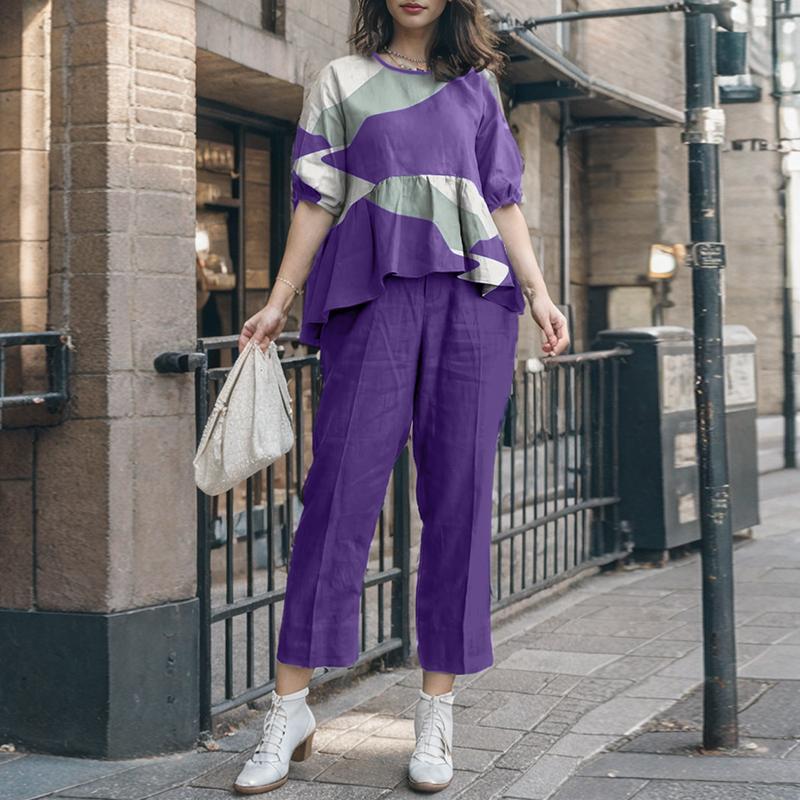 ZANZEA Женский винтажный круглый вырез с коротким рукавом и принтом, топ и брюки