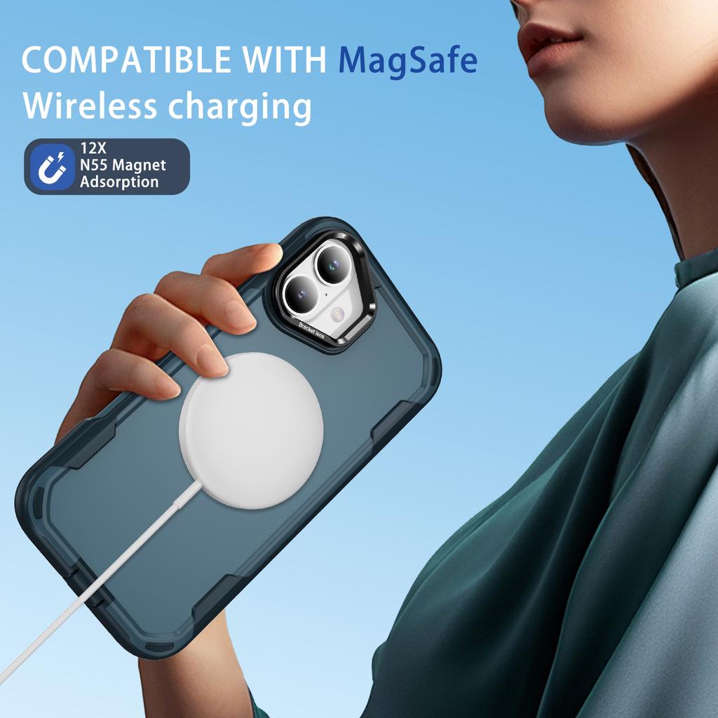 For iPhone 16 Case Compatible with MagSafe Lens Frame Kickstand TPU + PC Shockproof Phone Cover
