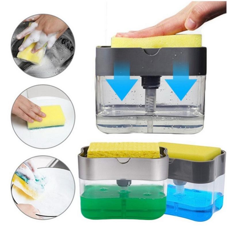 Kitchen and Bathroom Double-layer Sponge Box Hand Pressure Soap Dispenser Scouring Pad Dishwashing Brush Soap Box ADM