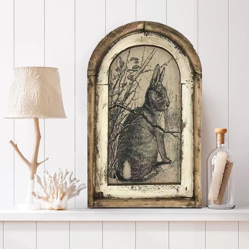 1PC Easter Decor Wall Pictures Wooden Bunny Oil Painting Rabbit Inn Art Print Home Decoration Retro