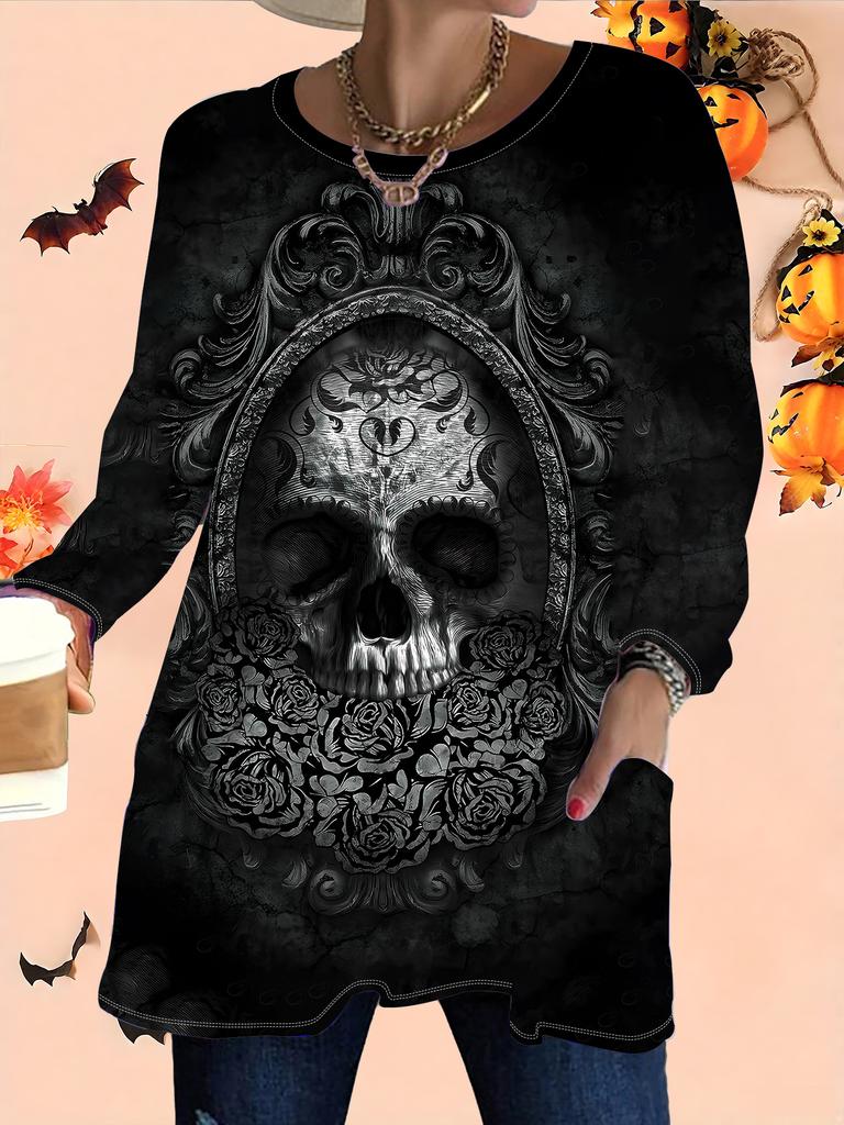 2025 Autumn Winter New Plus Size Women's Tops, Halloween 3D Print Fashion Crew Neck Long Sleeve T-Shirts