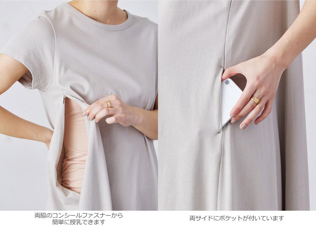 Одежда для беременных и кормящих матерей Платье с коротким рукавом Длинное платье Простой цвет хаки 10175302 [ANGELIEBE] А-силуэт Дородовой/Послеродовой ML