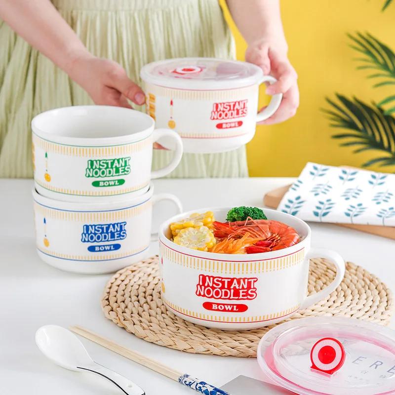 Cartoon - Printed Ceramic Instant Noodle Bowl with Lid, Single - Handle & Large Capacity Home Dormitory Bento Box Soup Bowl