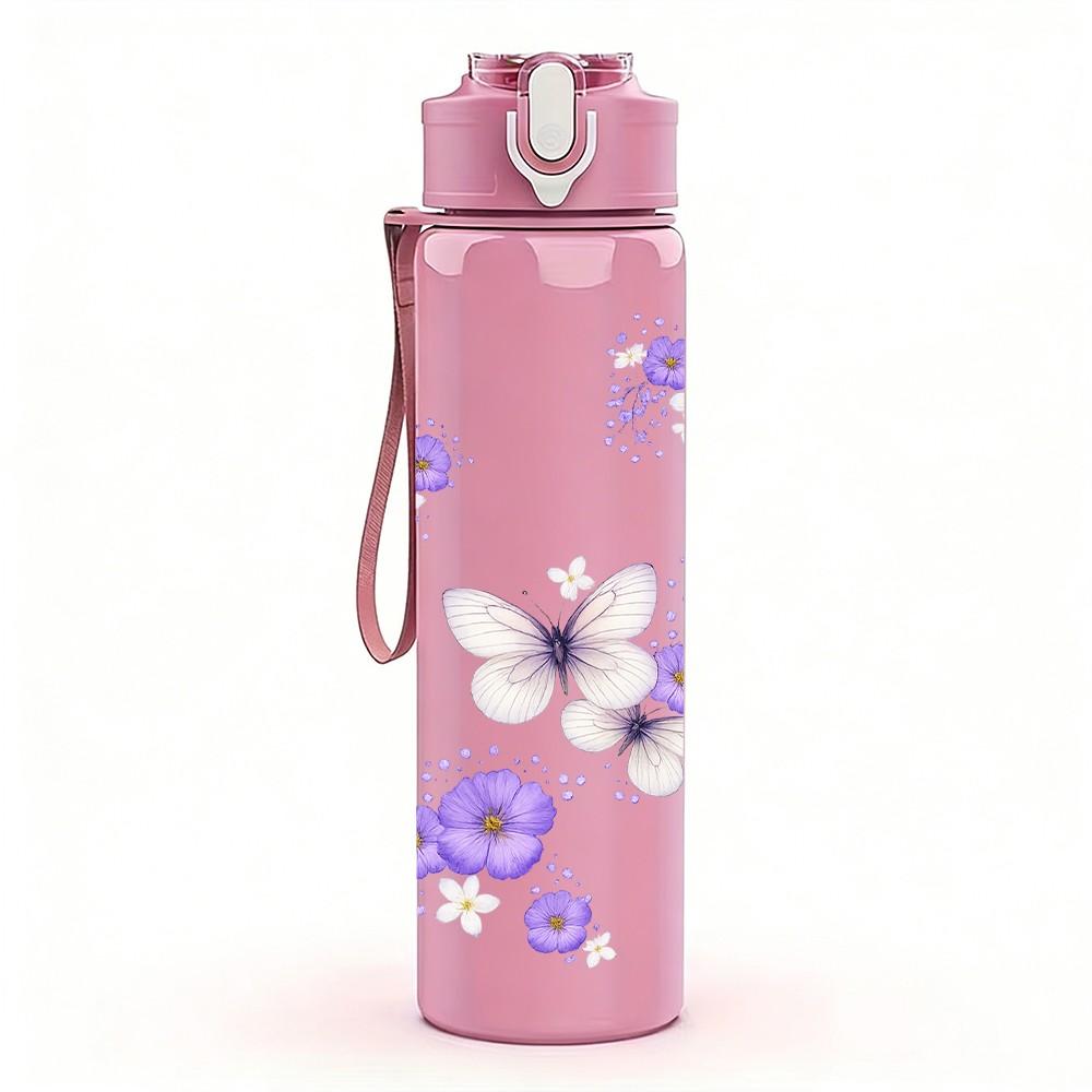 1PC Light Purple Butterfly Floral Print 750ml Color Plastic Sports Water Bottle Leakproof Flip Straw Lid Suitable for Sports Office Home Use