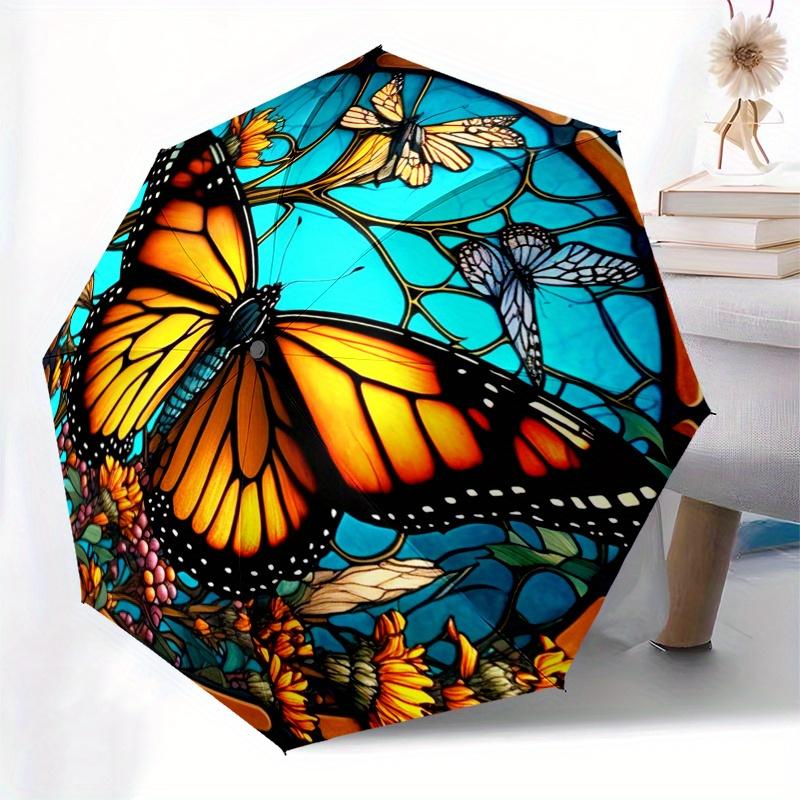 Monarch Butterfly Stained Glass Wall Art Decor Umbrella, Cute Umbrella with Cute Design, Portable 3-Fold Compact Umbrella for Men & Women, Valentine's