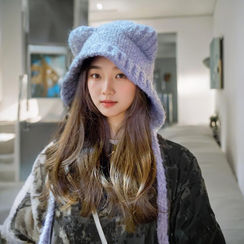 Женская зимняя шапка-бини с мишкой, шапка, подчеркивающая маленькое лицо, теплая вязаная шапка, защита ушей для большой головы, модная шерстяная шапка