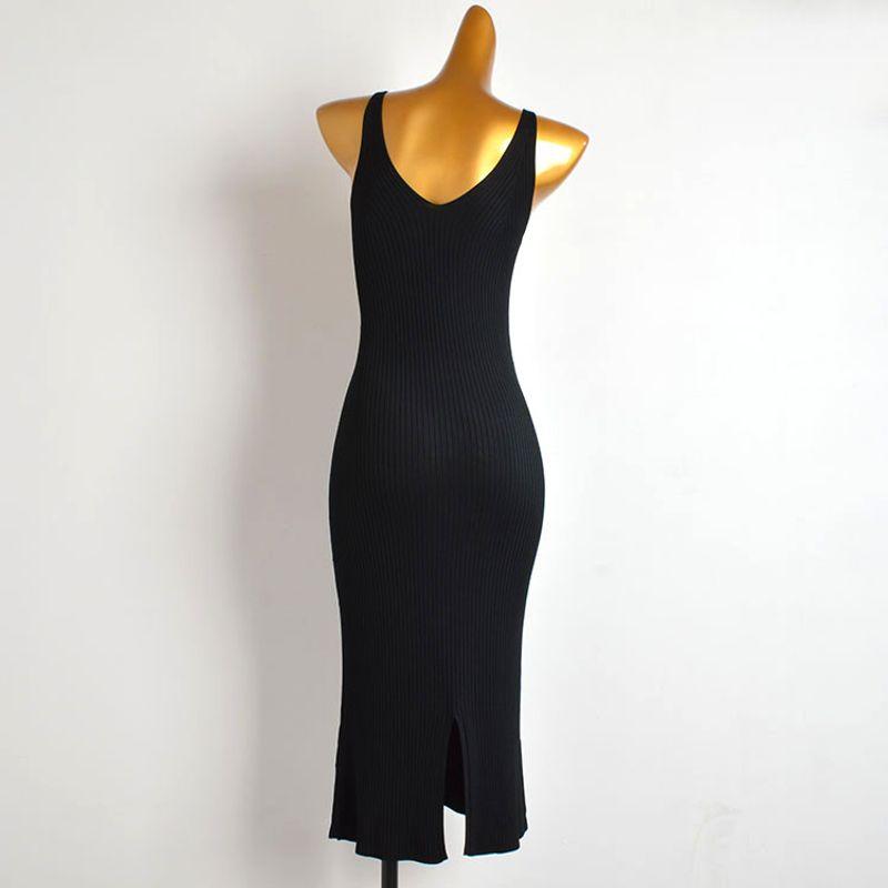 Fashion Style Pure Color Sexy Pairs V Neck Vest Knitting Long Skirt Women's Summer Silm Slim Looking Base Slit Dress