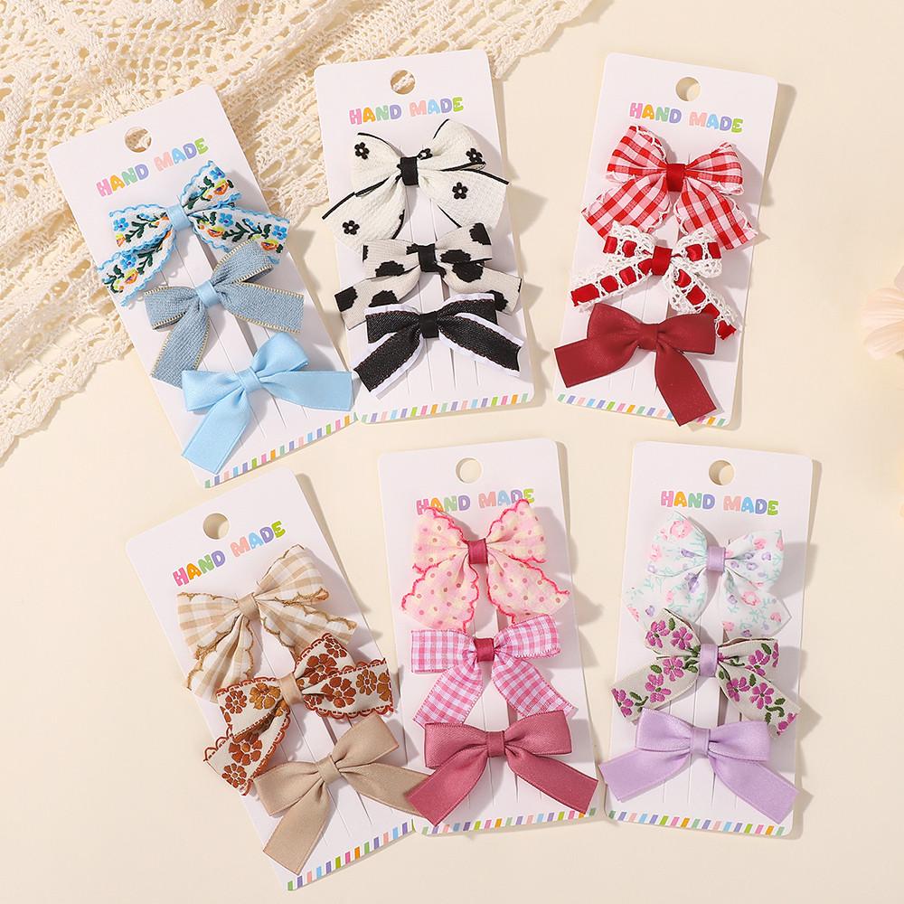 3Pcs/Set Sweet Cute Bows Hair Clip Fresh Printing Flower Checkered Hairgripes Lace for Girls Striped Yarn Barrette Gifts