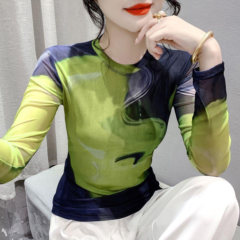 Женская осенняя одежда с длинным рукавом, сетчатые топы, футболка с принтом и цветными вставками, модная осенняя одежда, базовая рубашка