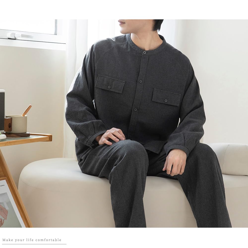 Да Семейная пижама из двойной марли, длинная, спереди, размер темно-серый, мужской комплект, пряжа-окрашенная марля, 100% хлопок, рукава, разрез, домашняя одежда, XL,