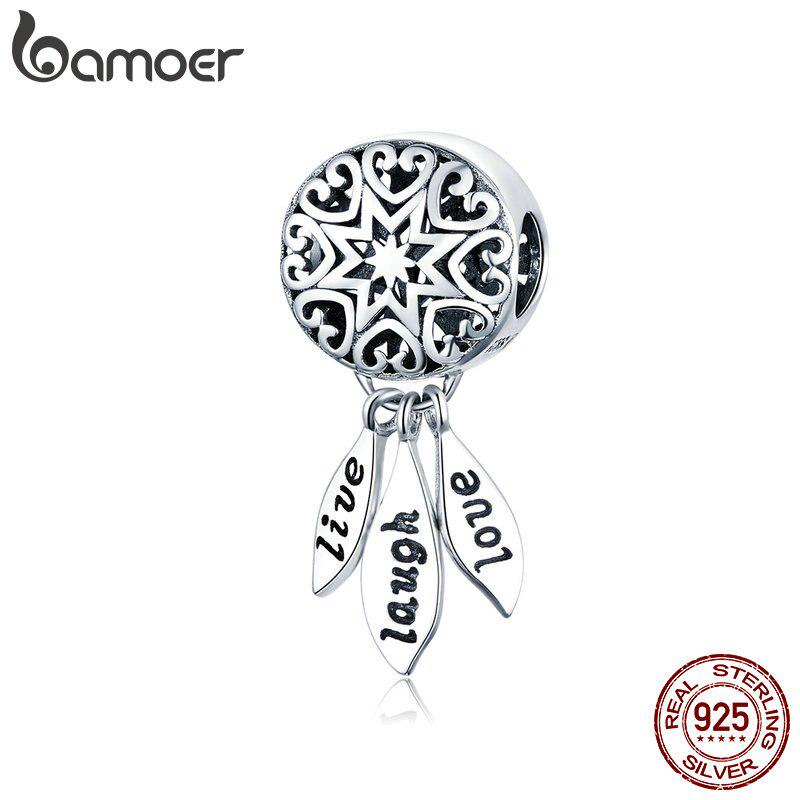 BAMOER Bohemian Style Dream Catcher 925 Sterling Silver Bead for Jewelry Making Feather Tassel Charm