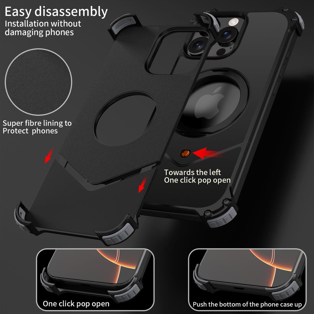 For iPhone 15 Pro Max Case PC+Metal Boardless Phone Back Cover with Kickstand