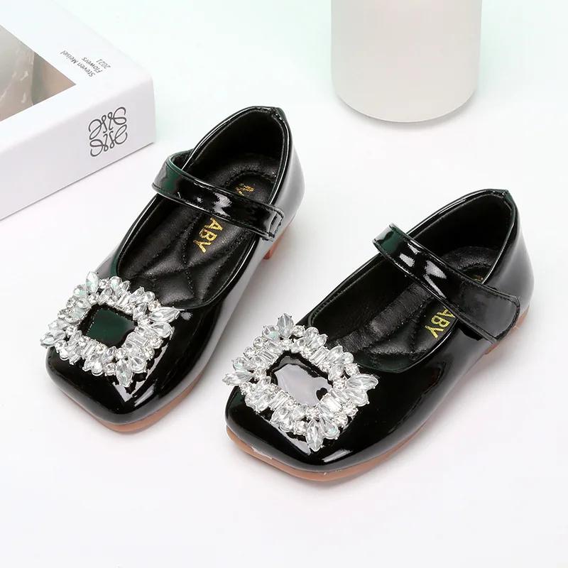 Girls Leather Shoes Korean Style Rhinestones Princess Mary Jane Kids Fashion Flats Hook & Loop Simple Girls Spring Flats Elegant
