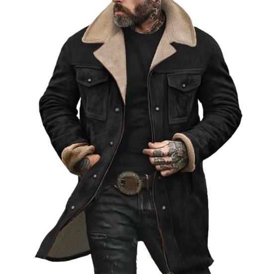 Men Jacket Autumn Winter Woolen Coat Lapel Single-Breasted Mid-Length Windproof Jacket Suede