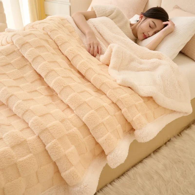 Fluffy Fleece Plaid Blanket Winter Thicken Blankets Duvet Cover Double Sided Sofa Bed Cover Soft Warm Throw Bedspread Bedroom